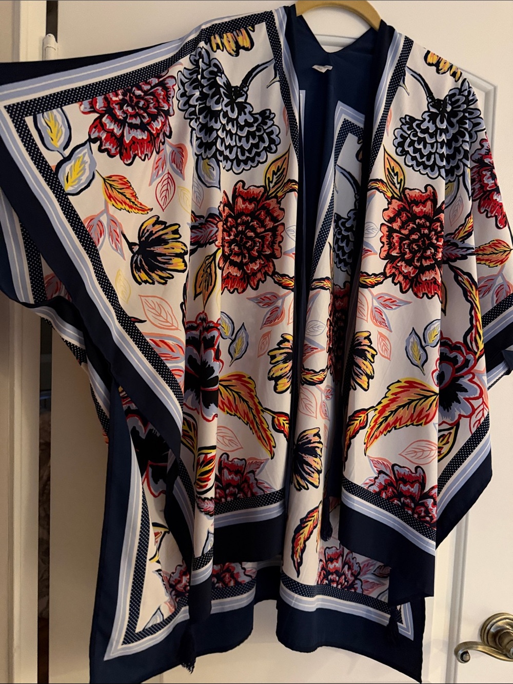 Navy and Ivory Floral Draped Tunic Kimono